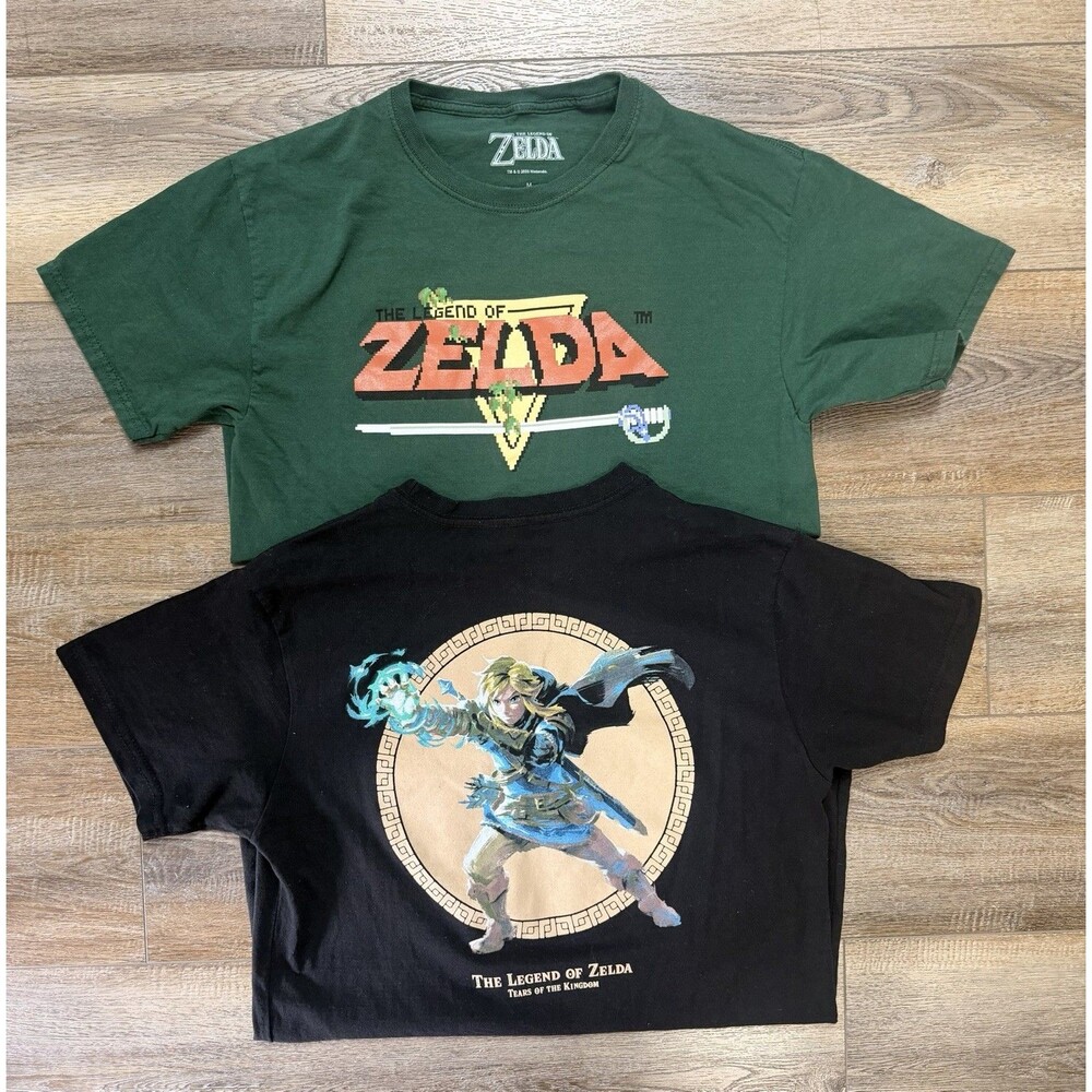 2 Pc Legend of Zelda T Shirt Size Med Graphic Tee Nintendo Link Black Green